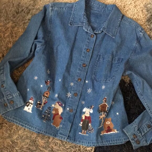 Vintage Christmas Button Down Denim Shirt L/XL - Picture 1 of 11